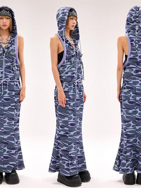 CFIERCE 100 Percent Cotton Hooded Zip Fitted Waist Street Sleeveless Blue Women 吊带连衣裙