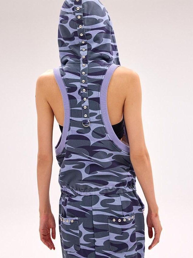 CFIERCE 100 Percent Cotton Hooded Zip Fitted Waist Street Sleeveless Blue Women 吊带连衣裙