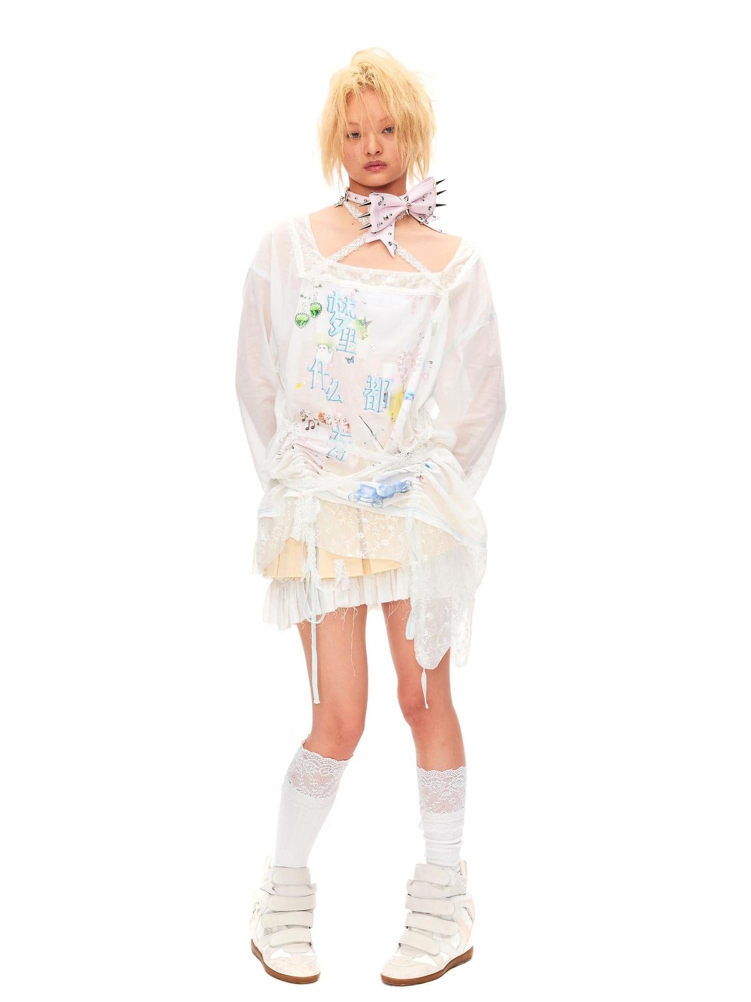 CFIERCE 100 Percent Cotton Princess Loose Fit Long Sleeve Printed White Women Tshirt