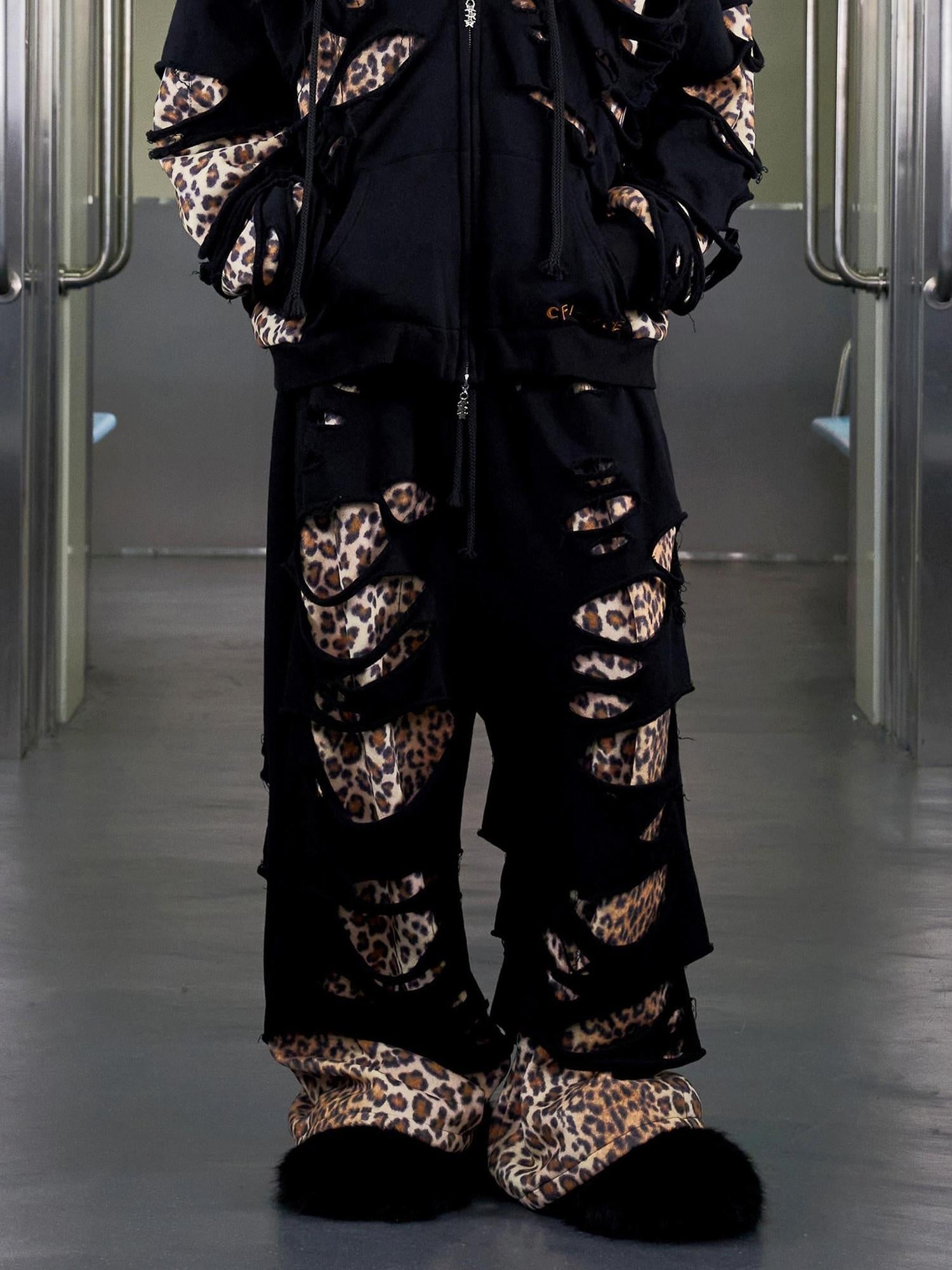 CFIERCE Asymmetric Leopard Print Loose Straight High Waist Street Cotton Blend Pants