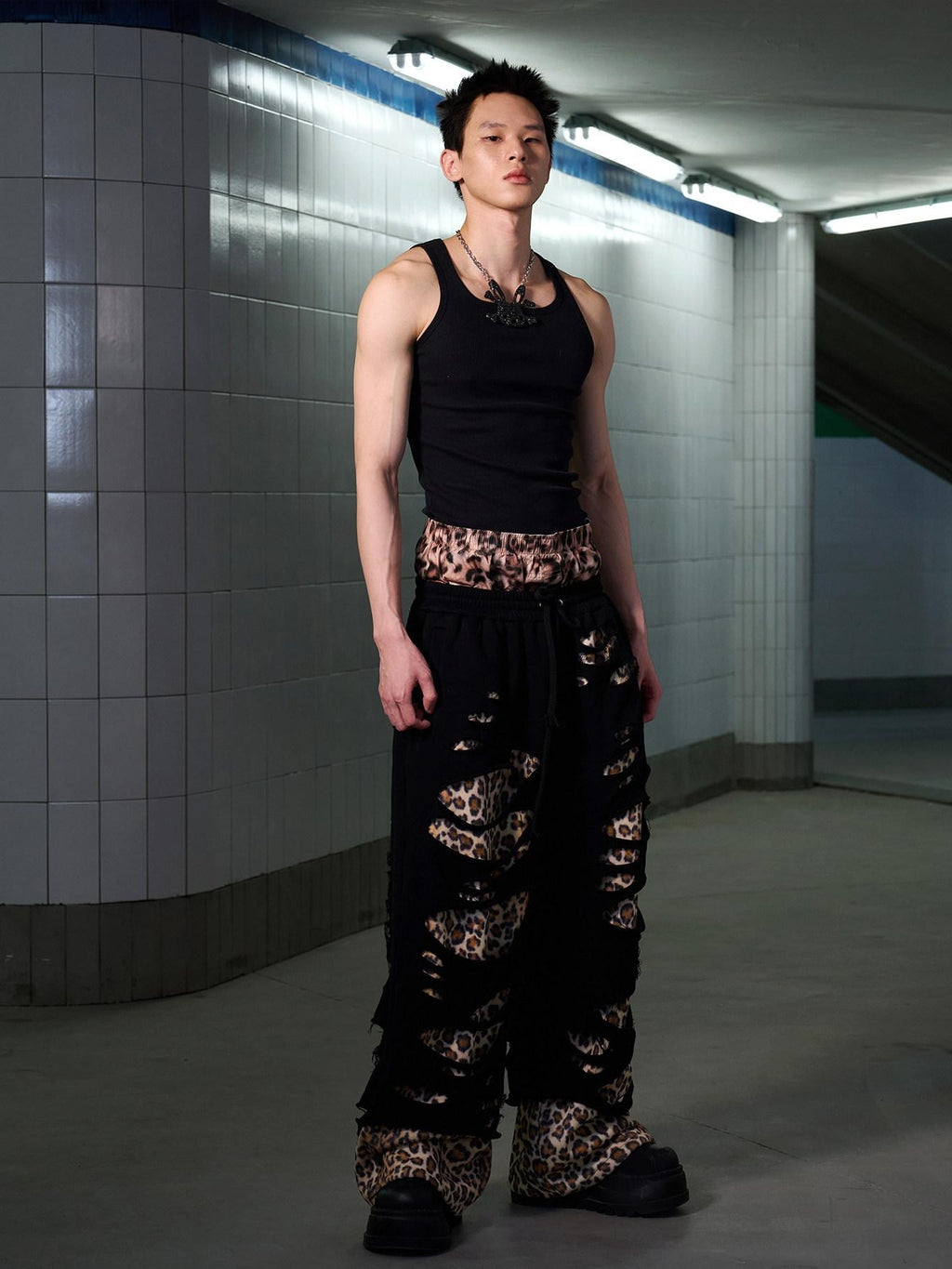 CFIERCE Asymmetric Leopard Print Loose Straight High Waist Street Cotton Blend Pants