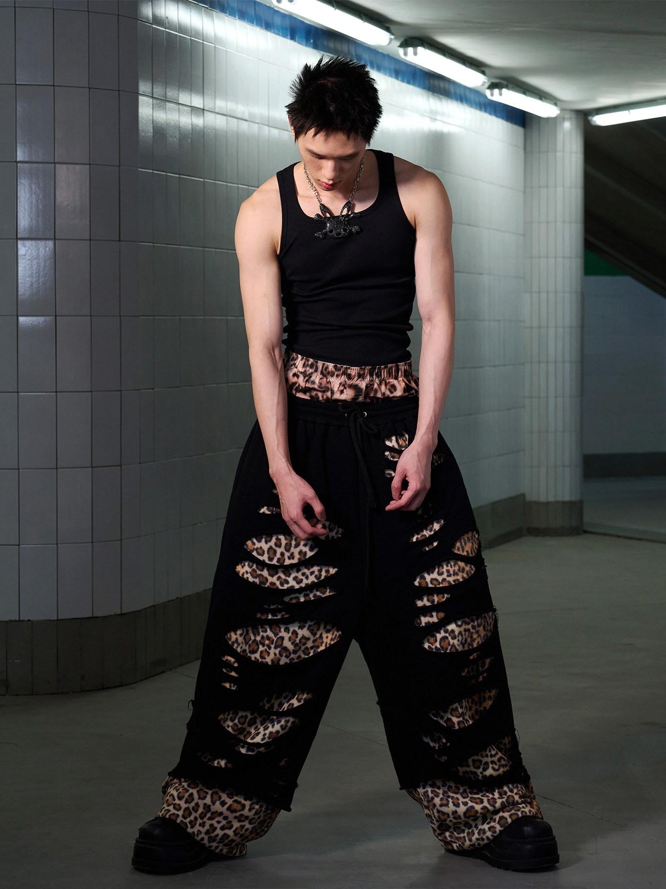 CFIERCE Asymmetric Leopard Print Loose Straight High Waist Street Cotton Blend Pants