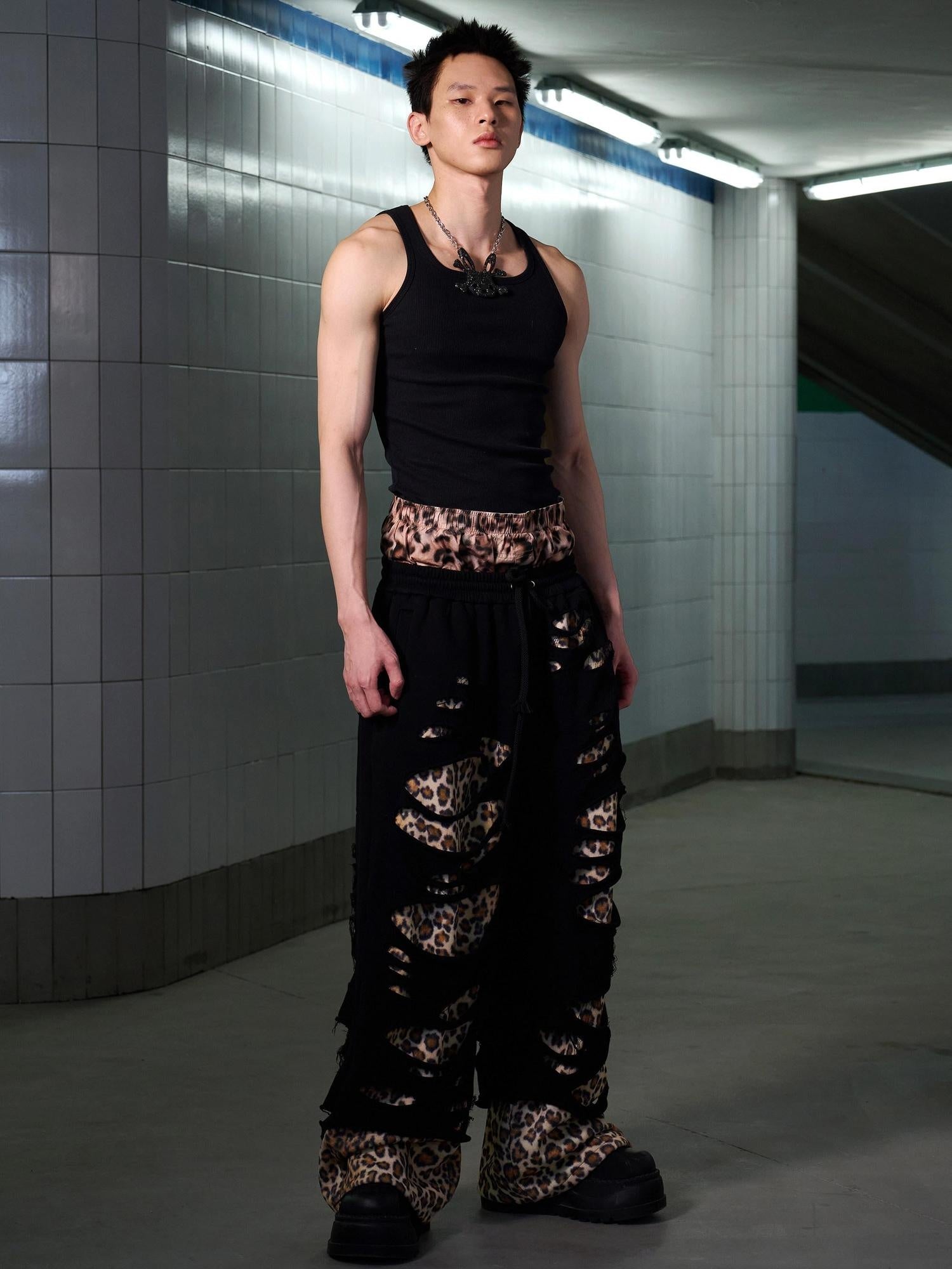 CFIERCE Asymmetric Leopard Print Loose Straight High Waist Street Cotton Blend Pants