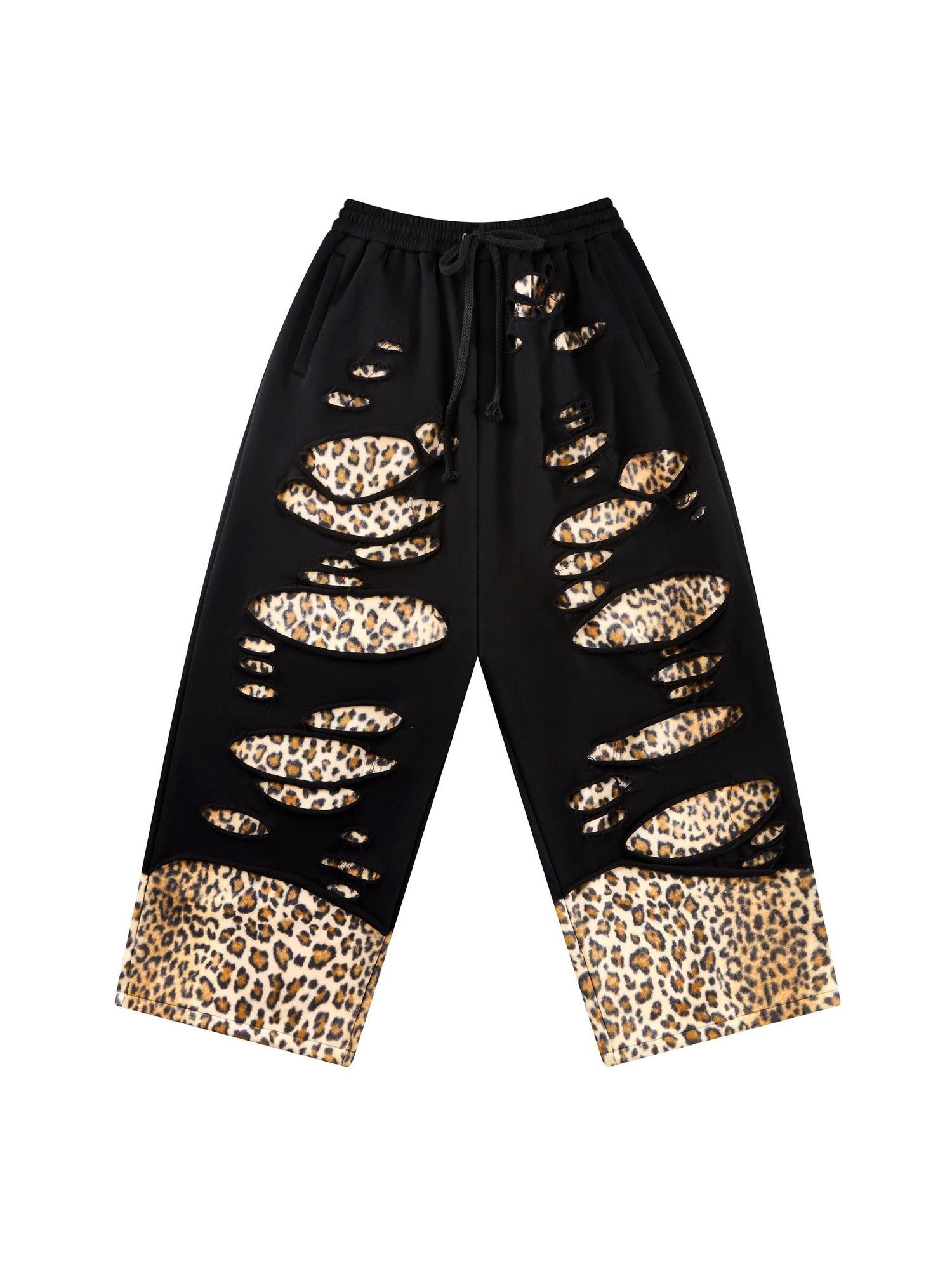 CFIERCE Asymmetric Leopard Print Loose Straight High Waist Street Cotton Blend Pants