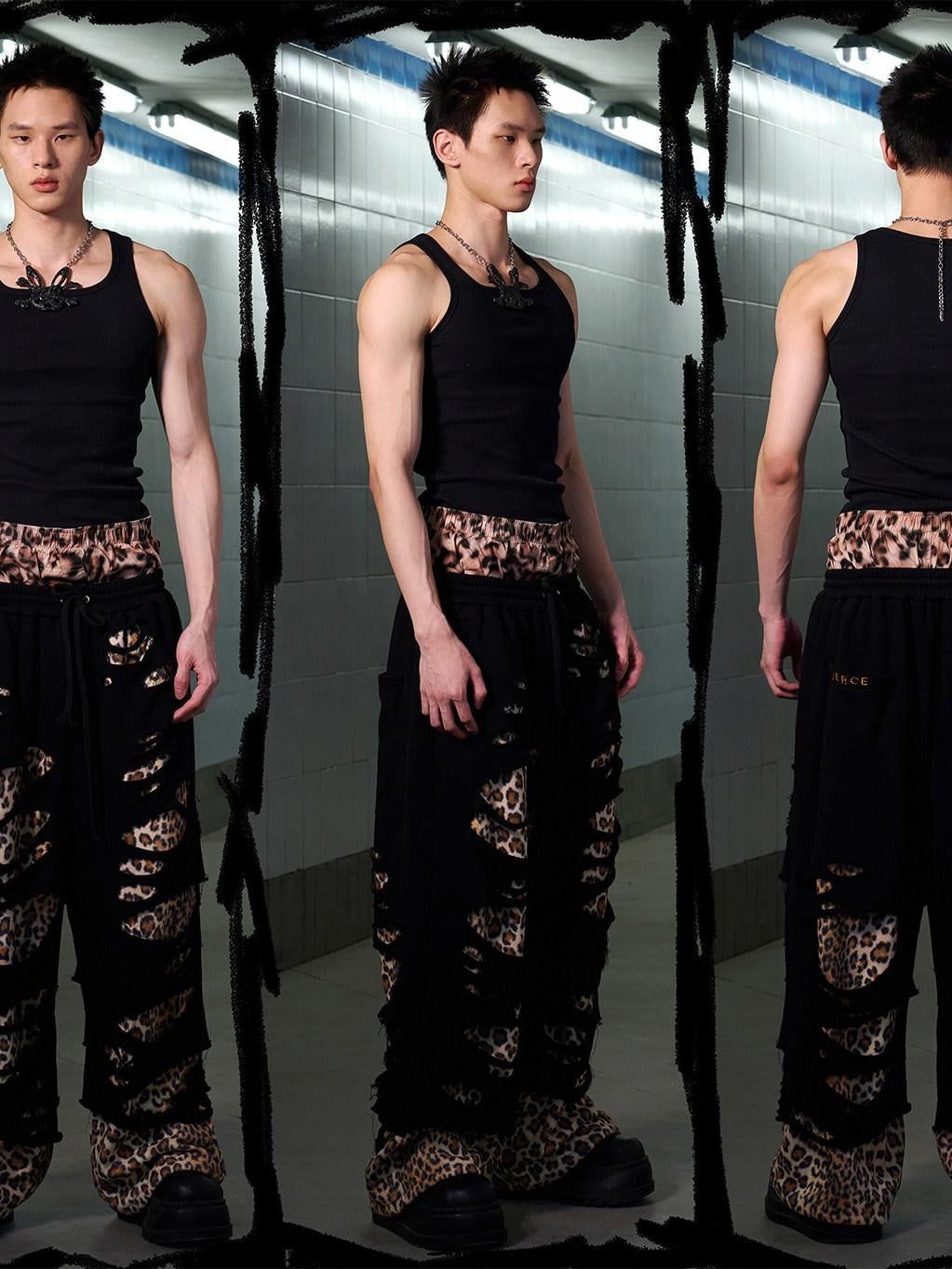 CFIERCE Asymmetric Leopard Print Loose Straight High Waist Street Cotton Blend Pants