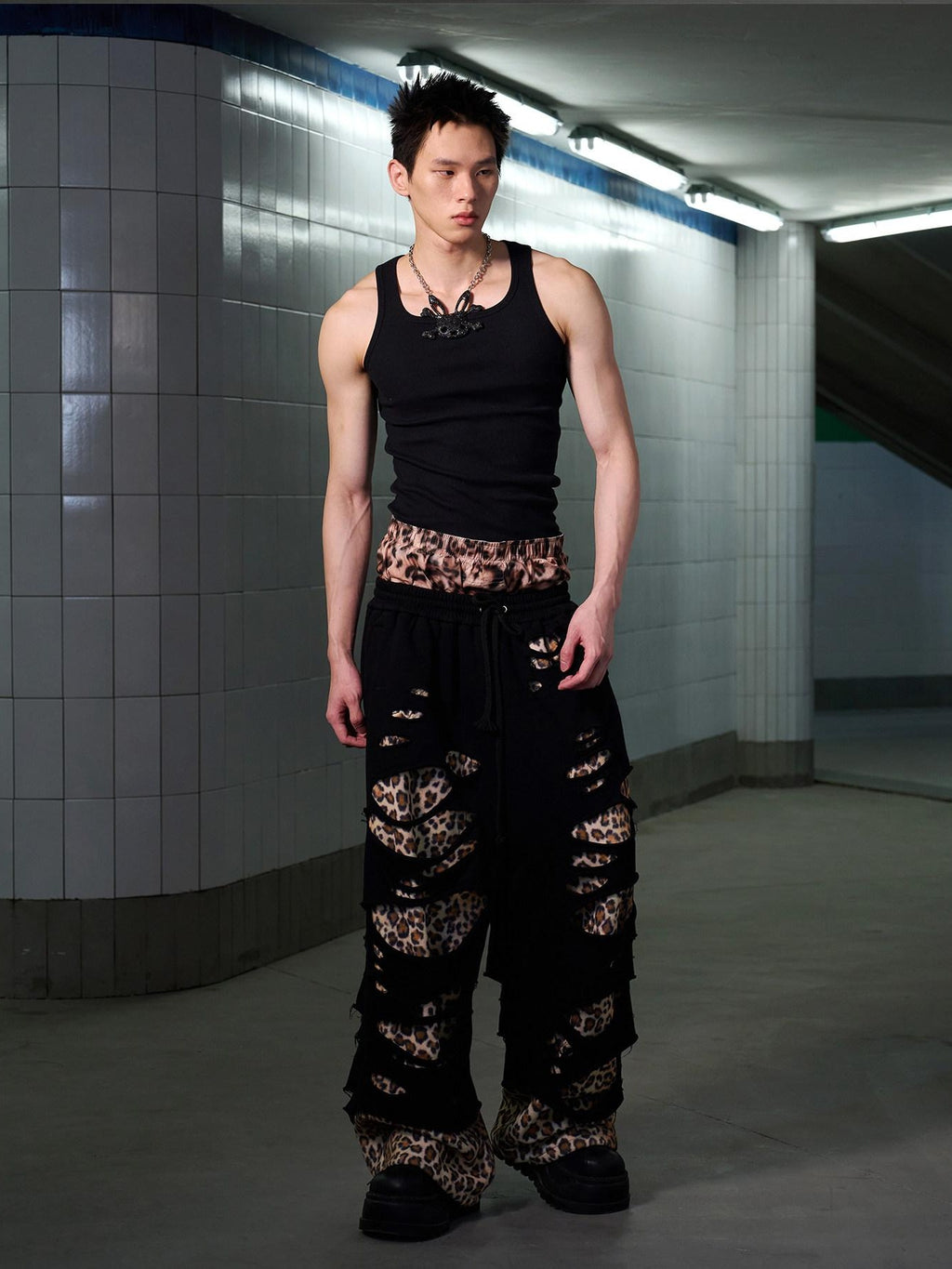 CFIERCE Asymmetric Leopard Print Loose Straight High Waist Street Cotton Blend Pants