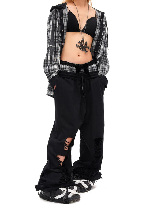 CFIERCE Asymmetric Street Loose Fit Straight Leg High Waist Quick Dry Cotton Black Pants