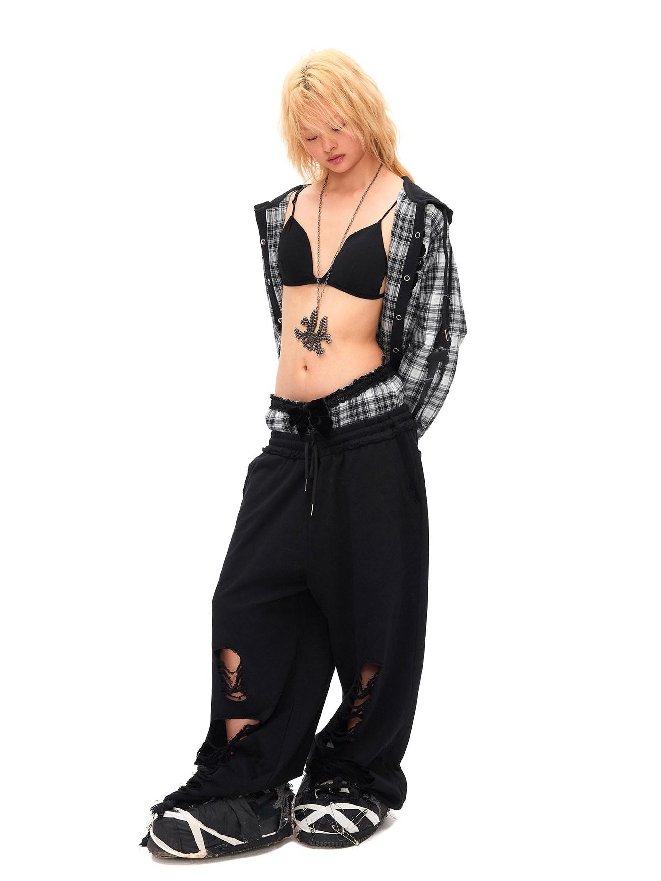 CFIERCE Asymmetric Street Loose Fit Straight Leg High Waist Quick Dry Cotton Black Pants