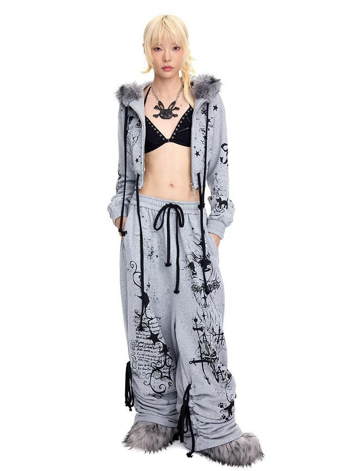 CFIERCE Asymmetric Street Loose Natural Waist 100 Percent Cotton Gray Wide Leg Pants