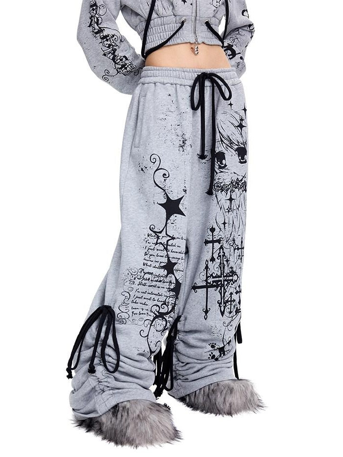 CFIERCE Asymmetric Street Loose Natural Waist 100 Percent Cotton Gray Wide Leg Pants