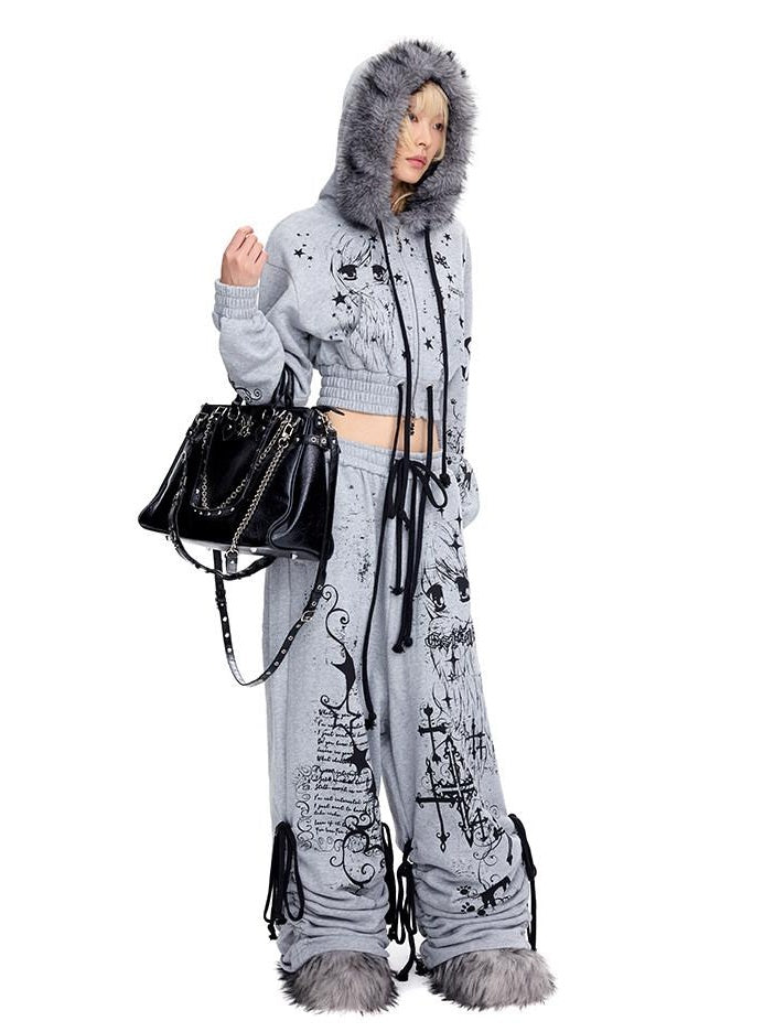 CFIERCE Asymmetric Street Loose Natural Waist 100 Percent Cotton Gray Wide Leg Pants