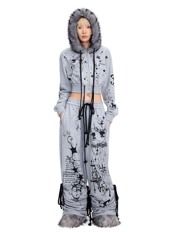 CFIERCE Asymmetric Street Loose Natural Waist 100 Percent Cotton Gray Wide Leg Pants