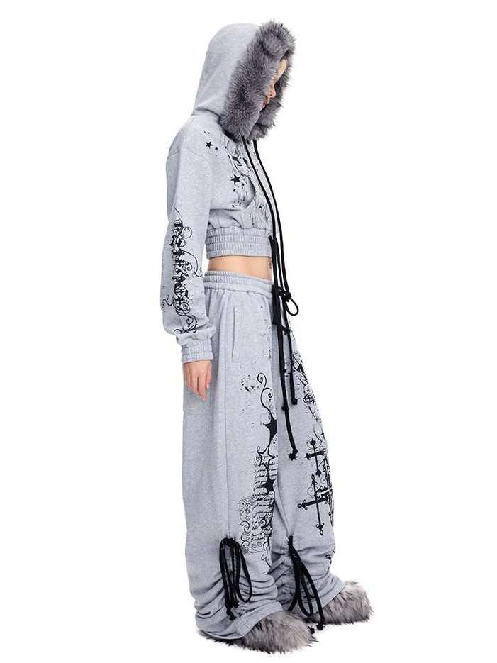 CFIERCE Asymmetric Street Loose Natural Waist 100 Percent Cotton Gray Wide Leg Pants