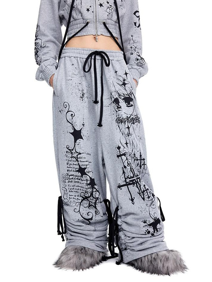 CFIERCE Asymmetric Street Loose Natural Waist 100 Percent Cotton Gray Wide Leg Pants
