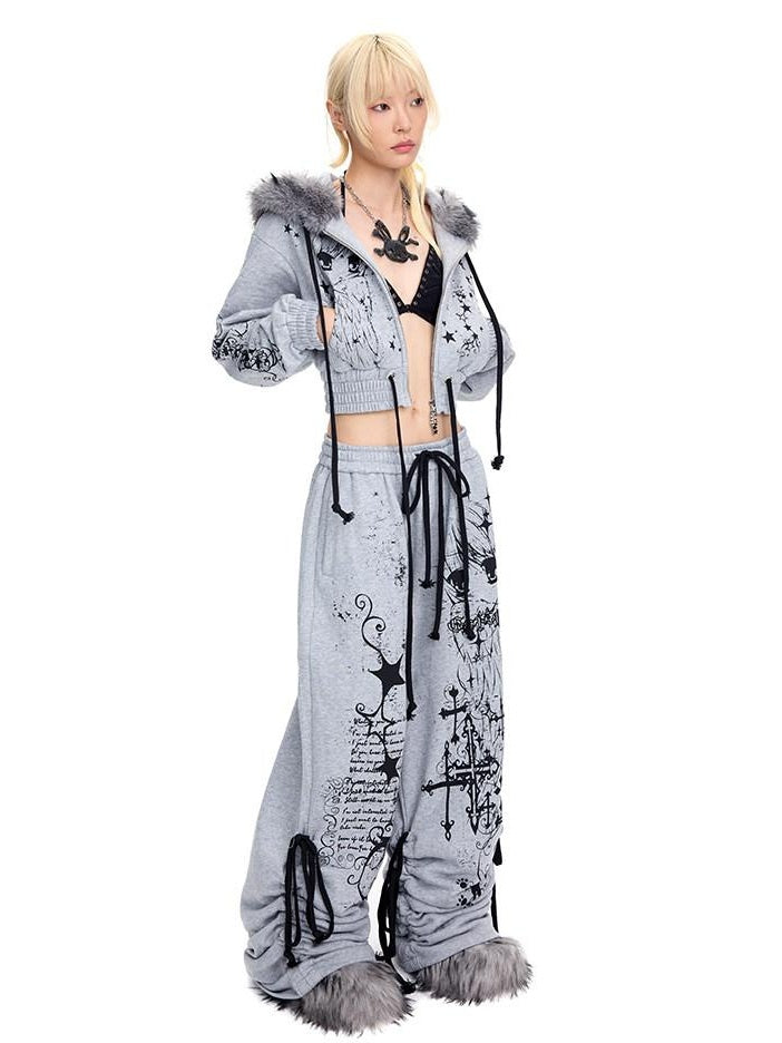 CFIERCE Asymmetric Street Loose Natural Waist 100 Percent Cotton Gray Wide Leg Pants