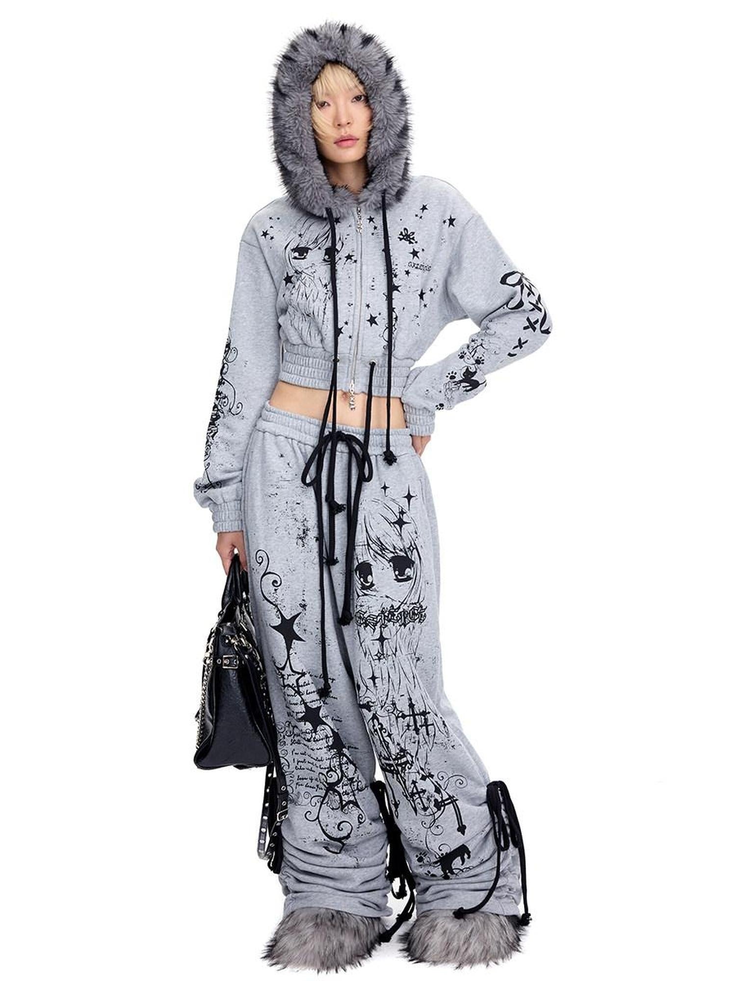 CFIERCE Asymmetric Street Loose Natural Waist 100 Percent Cotton Gray Wide Leg Pants