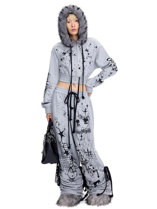 CFIERCE Asymmetric Street Loose Natural Waist 100 Percent Cotton Gray Wide Leg Pants