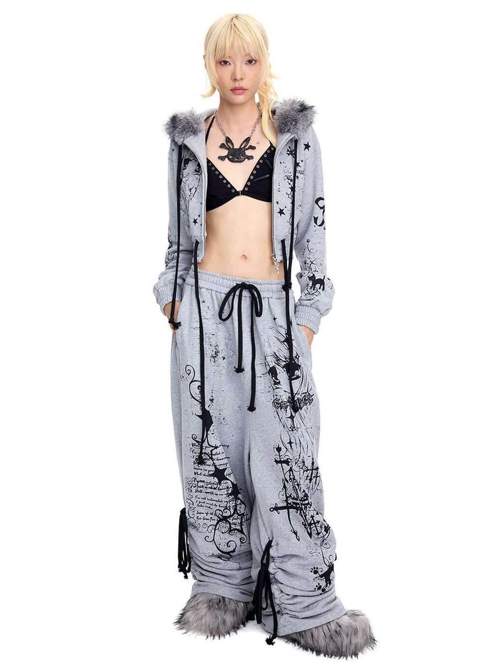 CFIERCE Asymmetric Street Loose Natural Waist 100 Percent Cotton Gray Wide Leg Pants