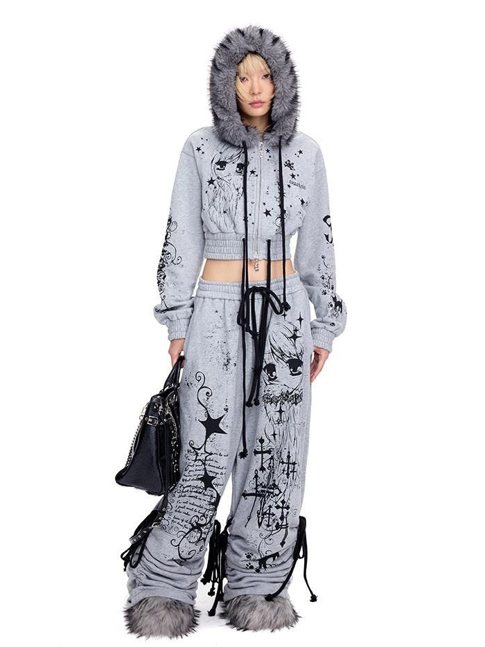 CFIERCE Asymmetric Street Loose Natural Waist 100 Percent Cotton Gray Wide Leg Pants