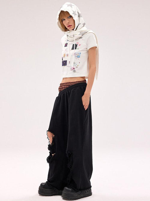 CFIERCE Asymmetric Street Style Loose High Waist Quick Dry Cotton Wide Leg Pants