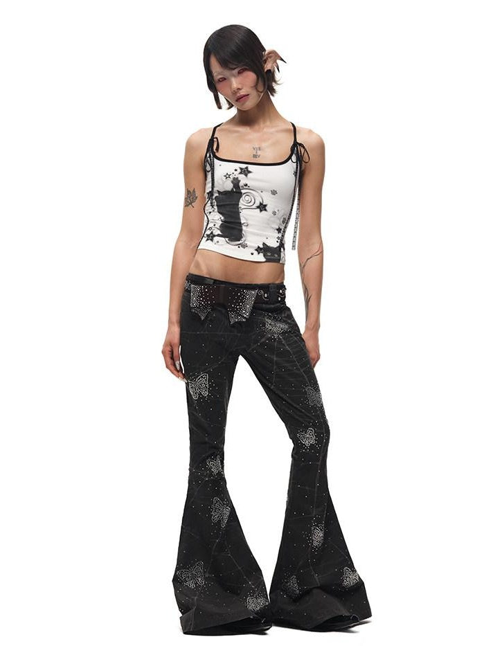 CFIERCE Asymmetric Street Style Loose Natural Waist Button Cotton Black Flared Pants