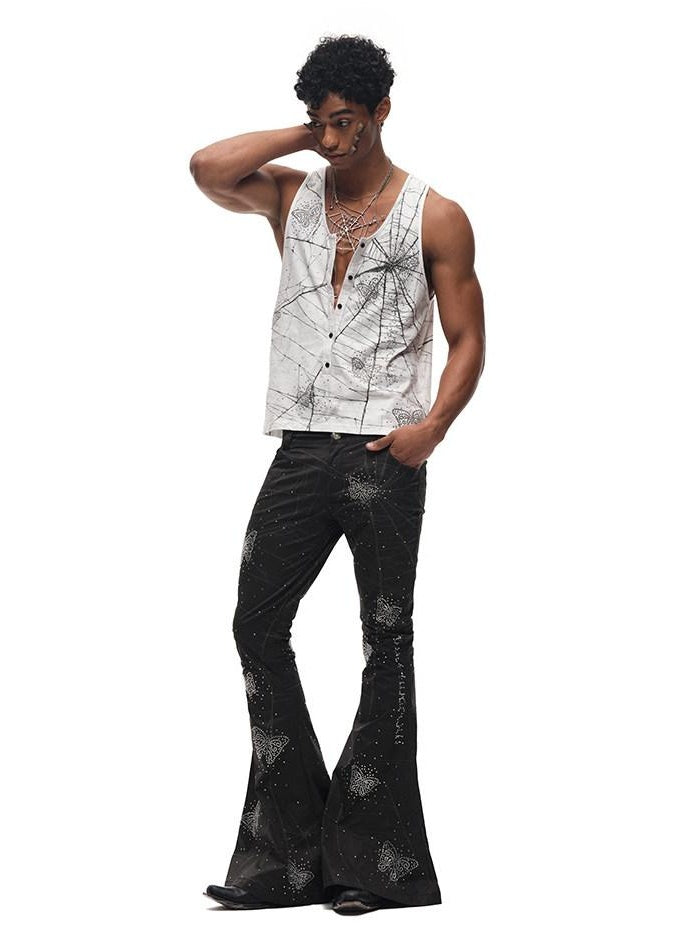 CFIERCE Asymmetric Street Style Loose Natural Waist Button Cotton Black Flared Pants