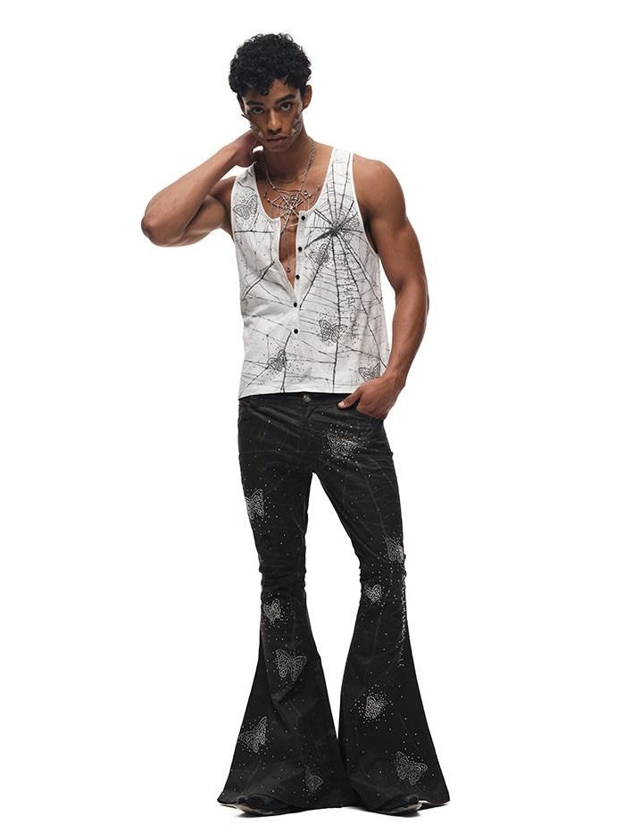 CFIERCE Asymmetric Street Style Loose Natural Waist Button Cotton Black Flared Pants