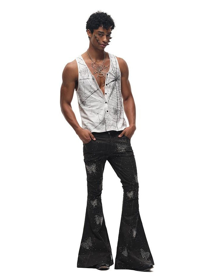 CFIERCE Asymmetric Street Style Loose Natural Waist Button Cotton Black Flared Pants