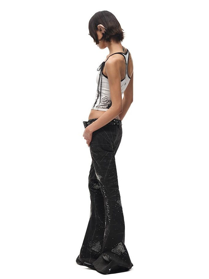 CFIERCE Asymmetric Street Style Loose Natural Waist Button Cotton Black Flared Pants
