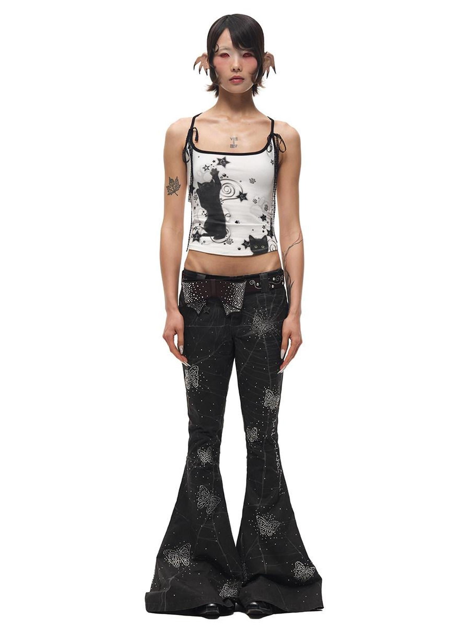 CFIERCE Asymmetric Street Style Loose Natural Waist Button Cotton Black Flared Pants