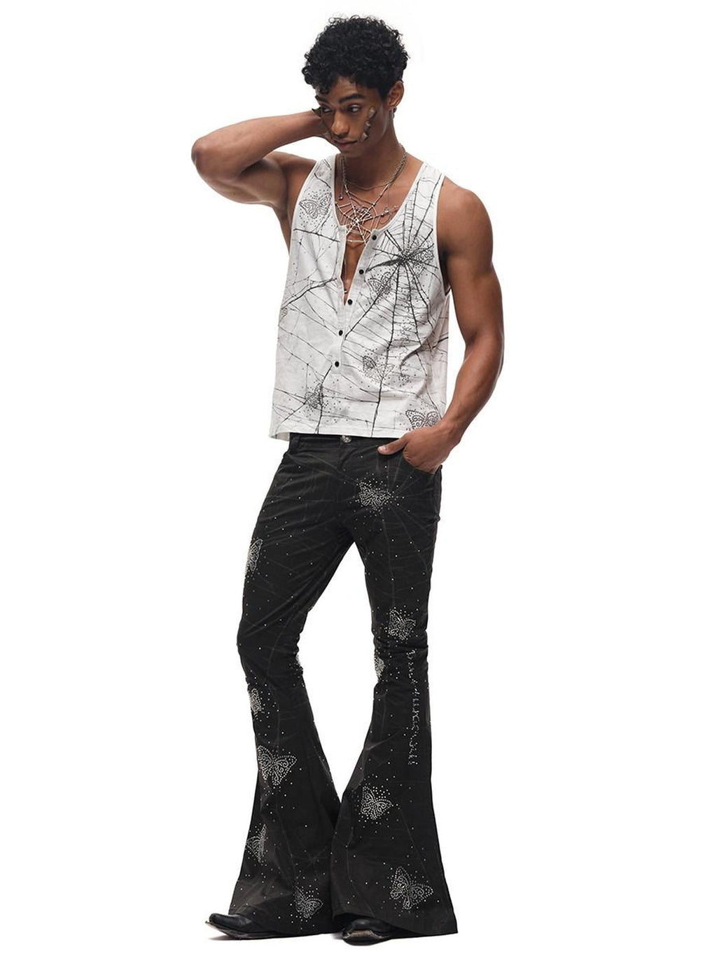 CFIERCE Asymmetric Street Style Loose Natural Waist Button Cotton Black Flared Pants