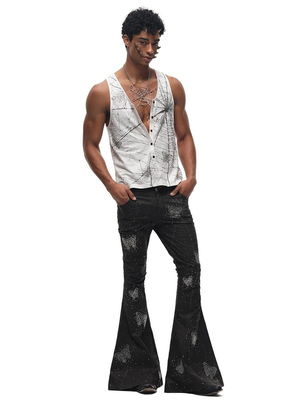 CFIERCE Asymmetric Street Style Loose Natural Waist Button Cotton Black Flared Pants