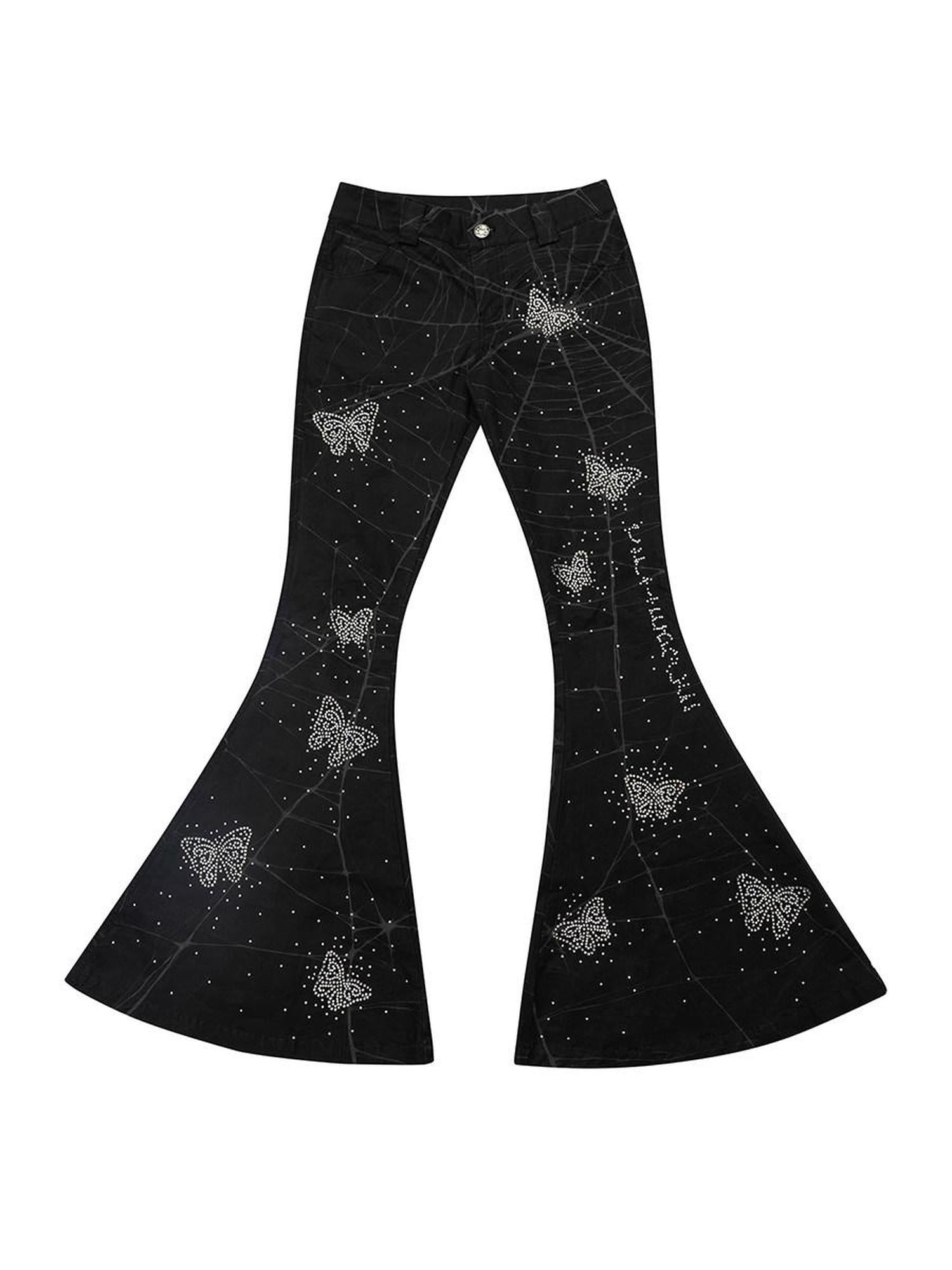 CFIERCE Asymmetric Street Style Loose Natural Waist Button Cotton Black Flared Pants