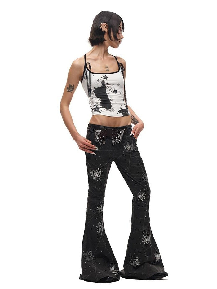 CFIERCE Asymmetric Street Style Loose Natural Waist Button Cotton Black Flared Pants
