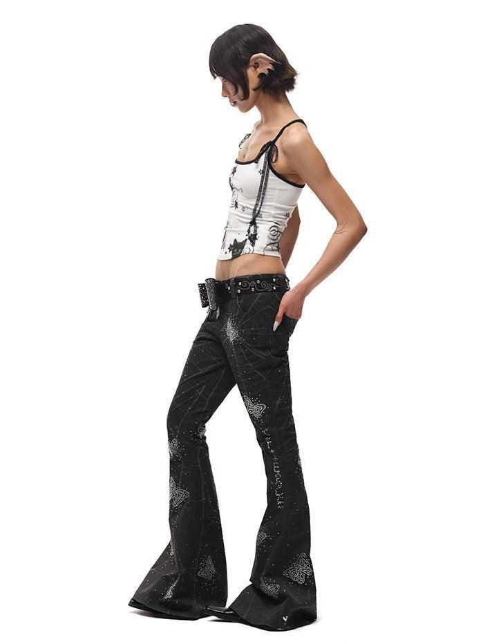 CFIERCE Asymmetric Street Style Loose Natural Waist Button Cotton Black Flared Pants