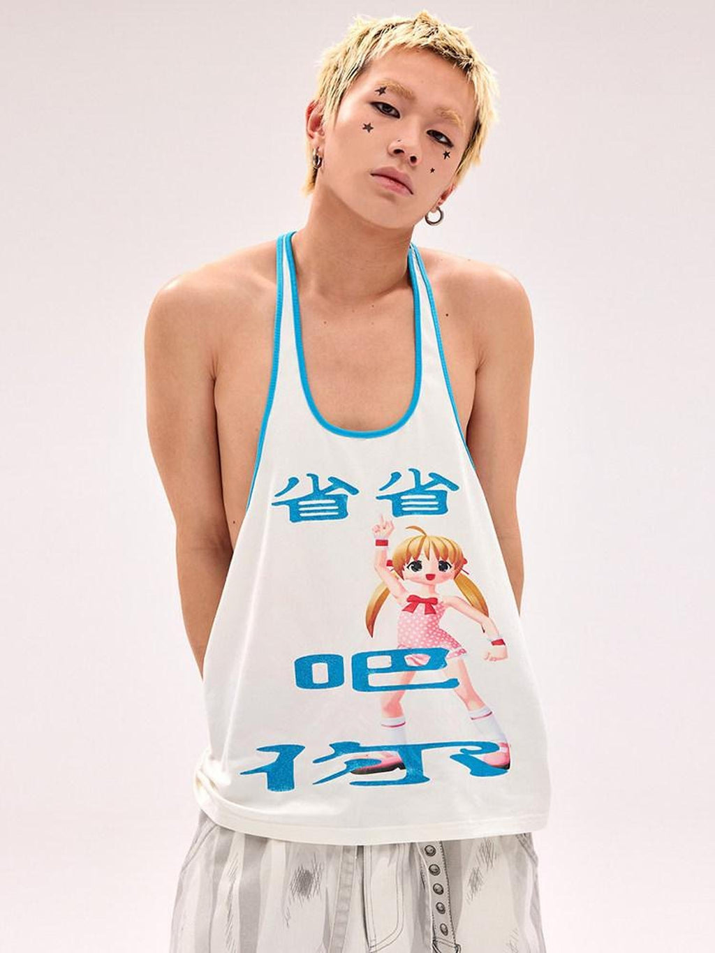 CFIERCE Breathable Cotton Loose Fit Trendy Round Neck Youth Character White Tank Top