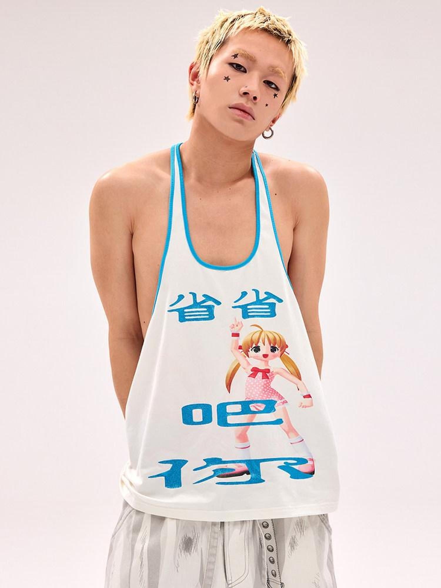 CFIERCE Breathable Cotton Loose Fit Trendy Round Neck Youth Character White Tank Top