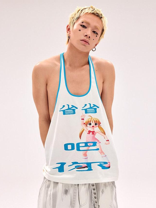 CFIERCE Breathable Cotton Loose Fit Trendy Round Neck Youth Character White Tank Top