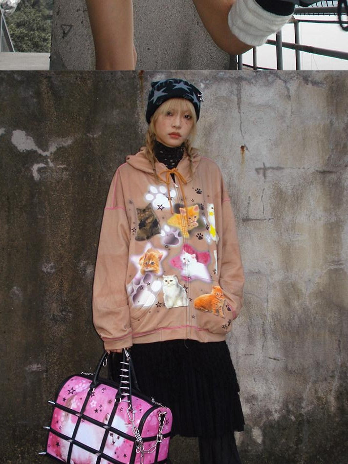 CFIERCE Cartoon Print Cotton Blend Cozy Loose Fit Hooded Pullover Street Style Hoodie