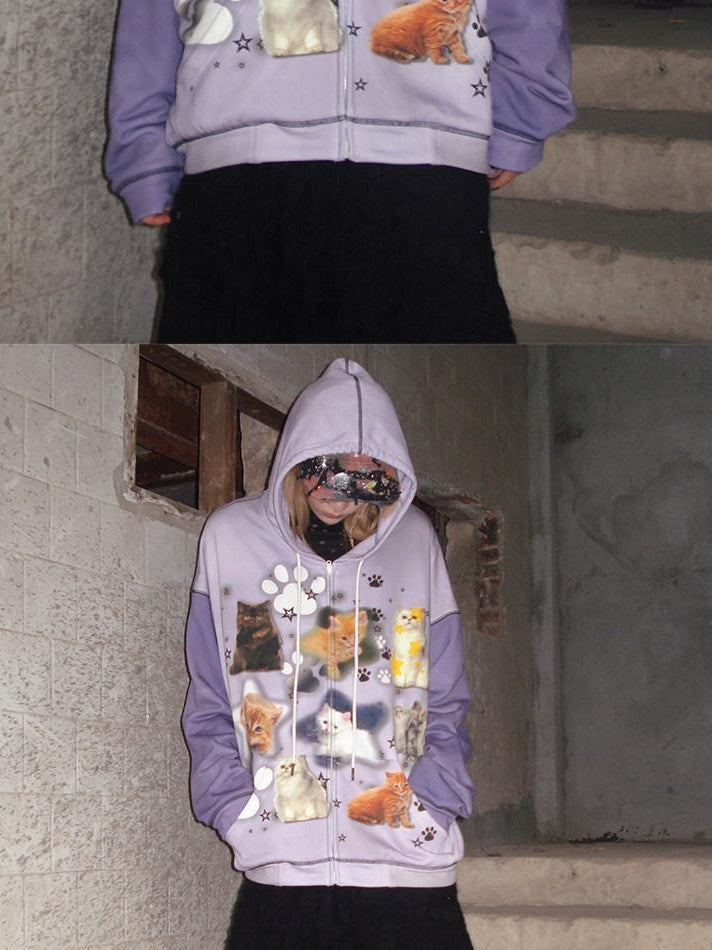 CFIERCE Cartoon Print Cotton Blend Cozy Loose Fit Hooded Pullover Street Style Hoodie