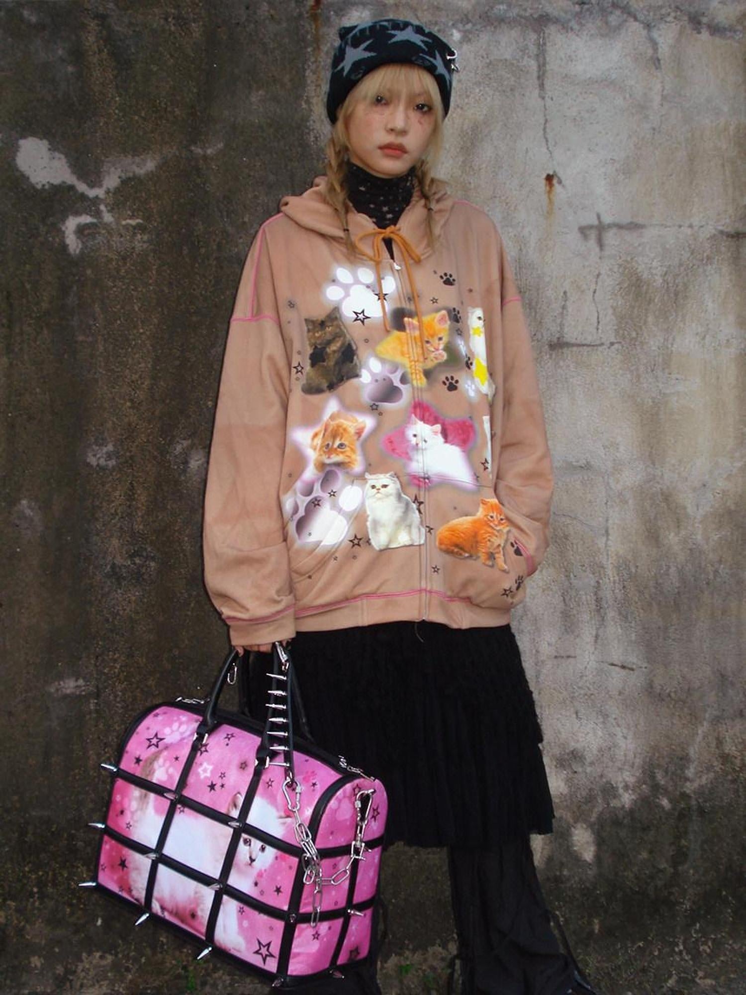 CFIERCE Cartoon Print Cotton Blend Cozy Loose Fit Hooded Pullover Street Style Hoodie