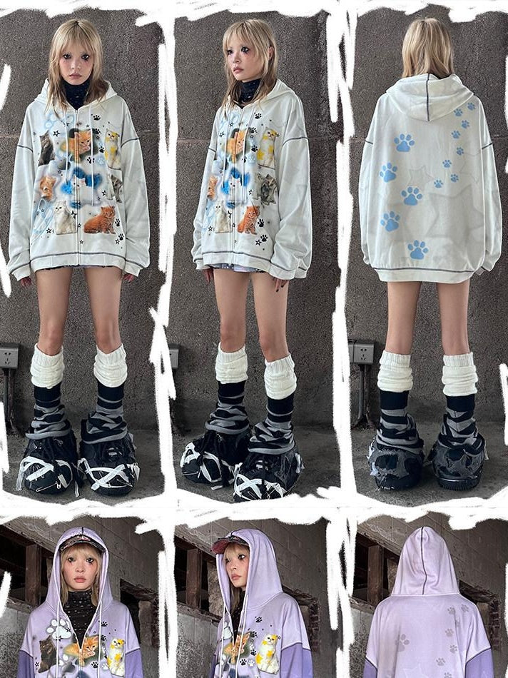 CFIERCE Cartoon Print Cotton Blend Cozy Loose Fit Hooded Pullover Street Style Hoodie