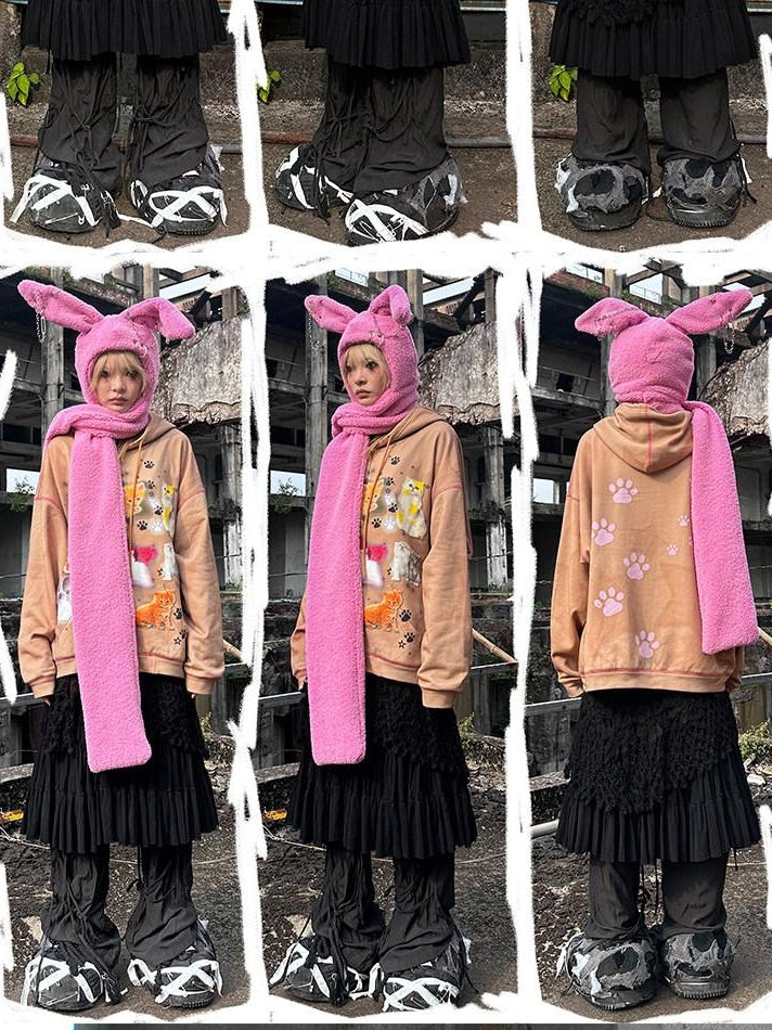 CFIERCE Cartoon Print Cotton Blend Cozy Loose Fit Hooded Pullover Street Style Hoodie