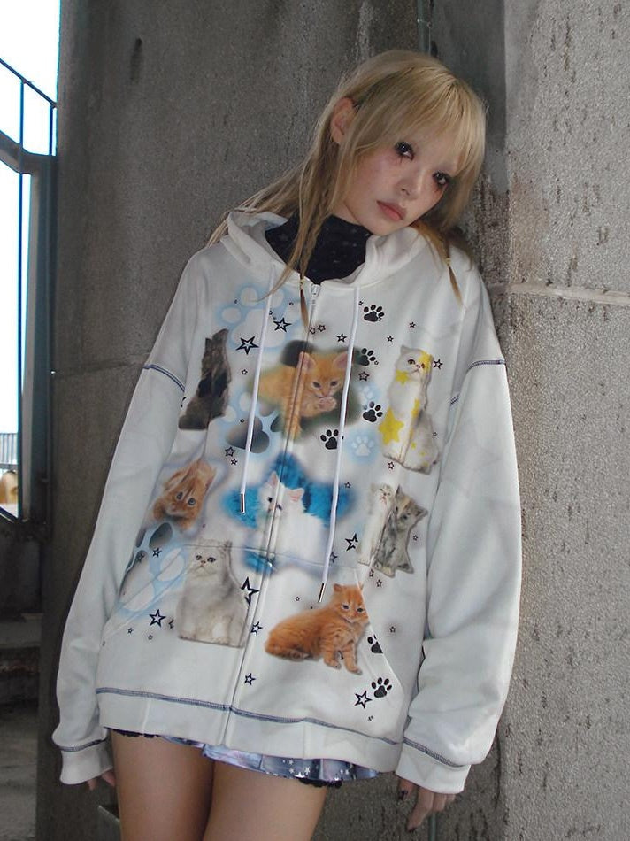 CFIERCE Cartoon Print Cotton Blend Cozy Loose Fit Hooded Pullover Street Style Hoodie