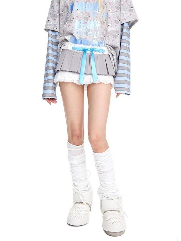 CFIERCE Casual Lace Bow Low Waist Cotton Pleated Teen Women Gray Skirt