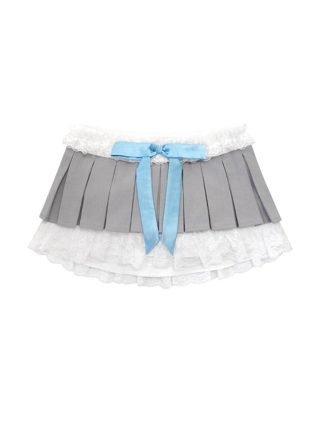 CFIERCE Casual Lace Bow Low Waist Cotton Pleated Teen Women Gray Skirt