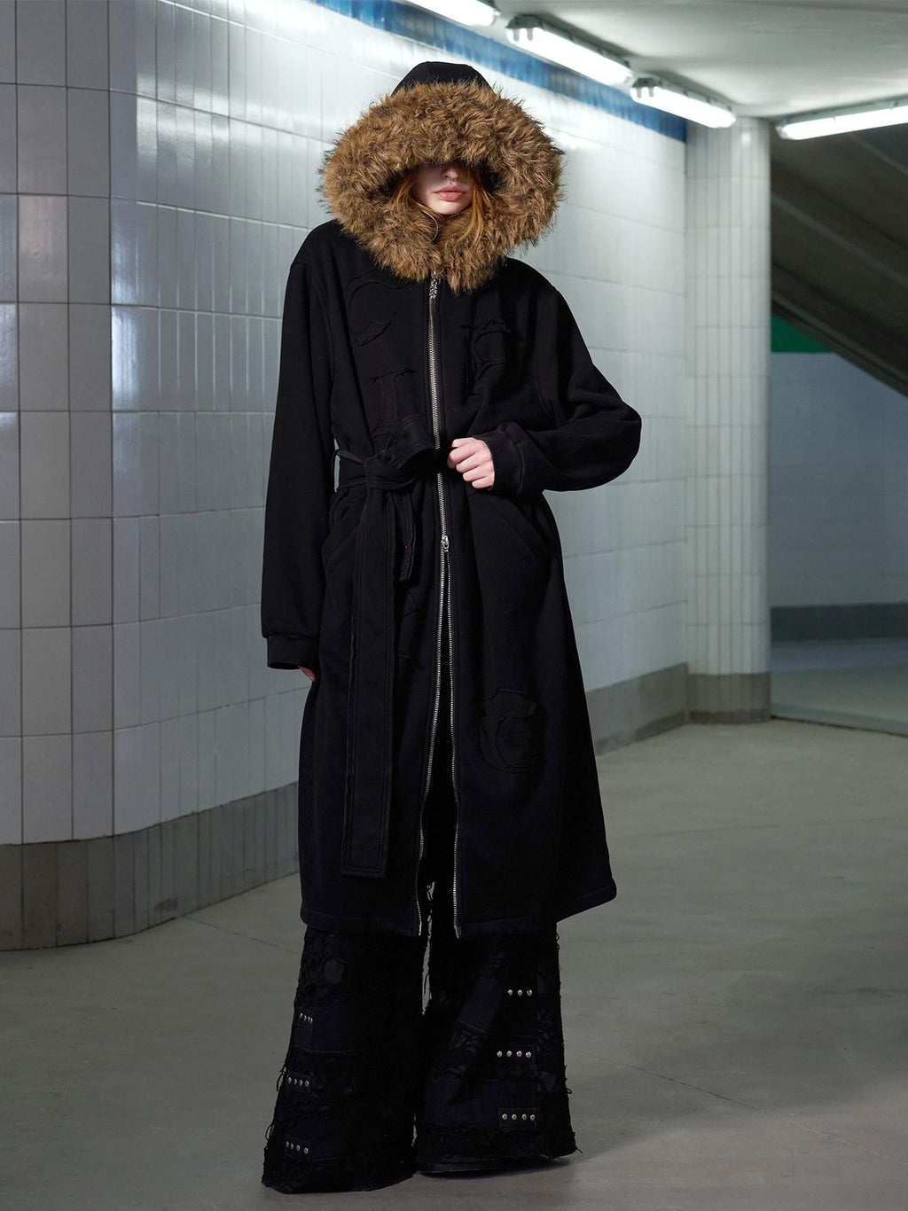 CFIERCE Cotton Blend Zip Front Commuter Straight Fit Hooded Unisex Midlength Black Coat