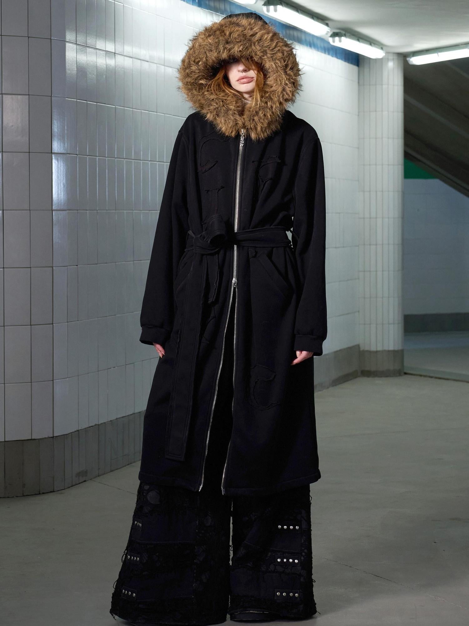 CFIERCE Cotton Blend Zip Front Commuter Straight Fit Hooded Unisex Midlength Black Coat