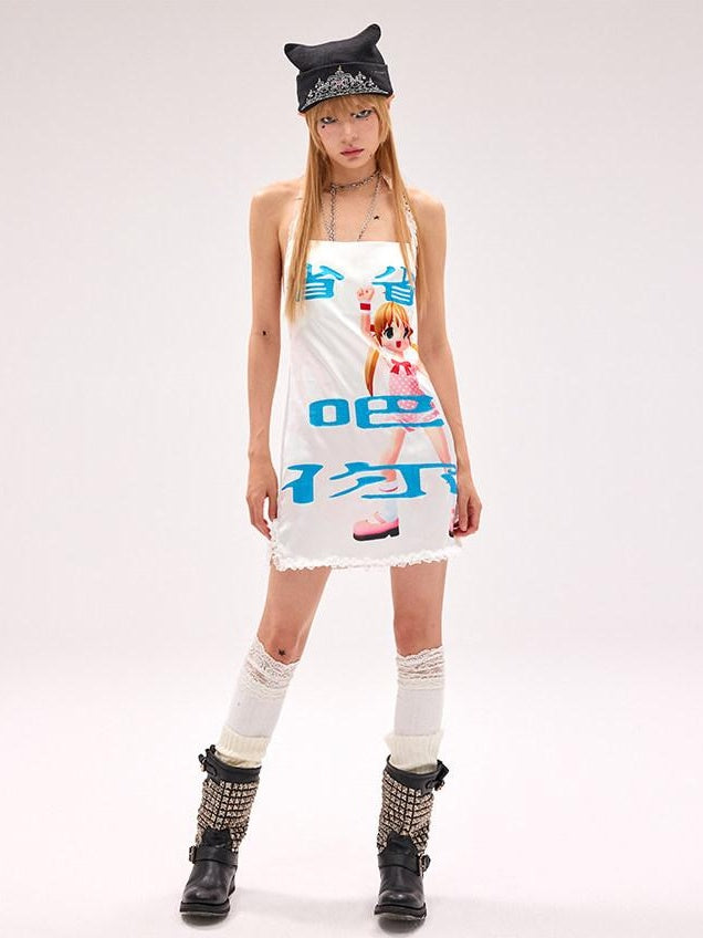 CFIERCE Creative Cartoon Print Loose Cotton Blend Bardot Sleeveless White Midlength Dress