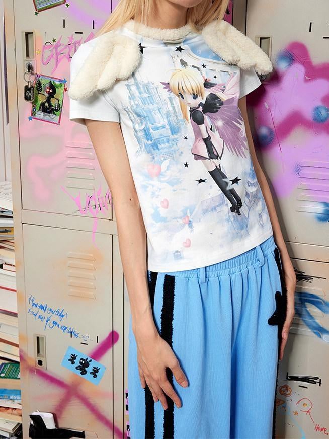 CFIERCE Creative Cartoon Print Loose Cotton Crewneck Short Sleeve Unisex Commuter Tshirt